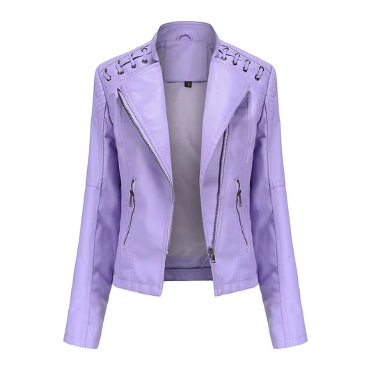 New Spring Autumn Women Faux Leather Jacket Pu Motorcycle Biker Purple Coat Slim Zipper Motorcycles Locomotive Outerwear 4XL